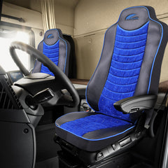 SET HUSE SCAUN TRUCK UMBRELLA PENTRU MERCEDES ACTROS EURO 5 1844 MP2 MP3 MP4 PIELE ECOLOGICA NEAGRA + VELVET ALBASTRU