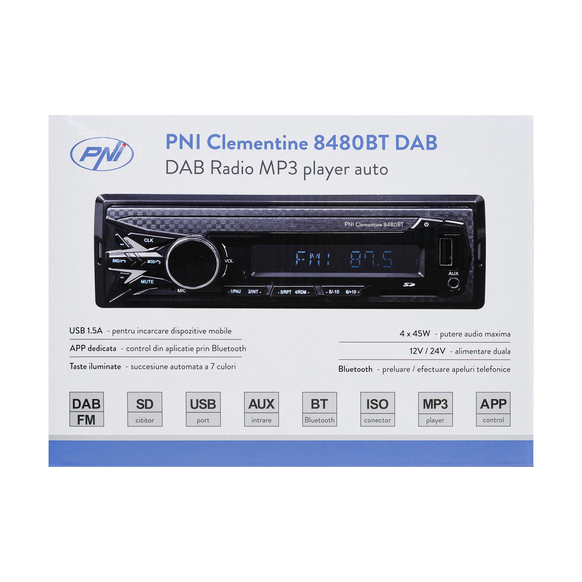 RADIO MP3 PLAYER AUTO DAB SI RDS PNI CLEMENTINE 8480BT 4X45W, 12/24V, CU SD, USB, AUX, RCA, BLUETOOTH SI USB 1.5A